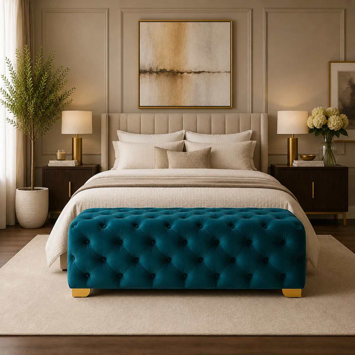 Teal velvet tufted bench positioned at the foot of a bed