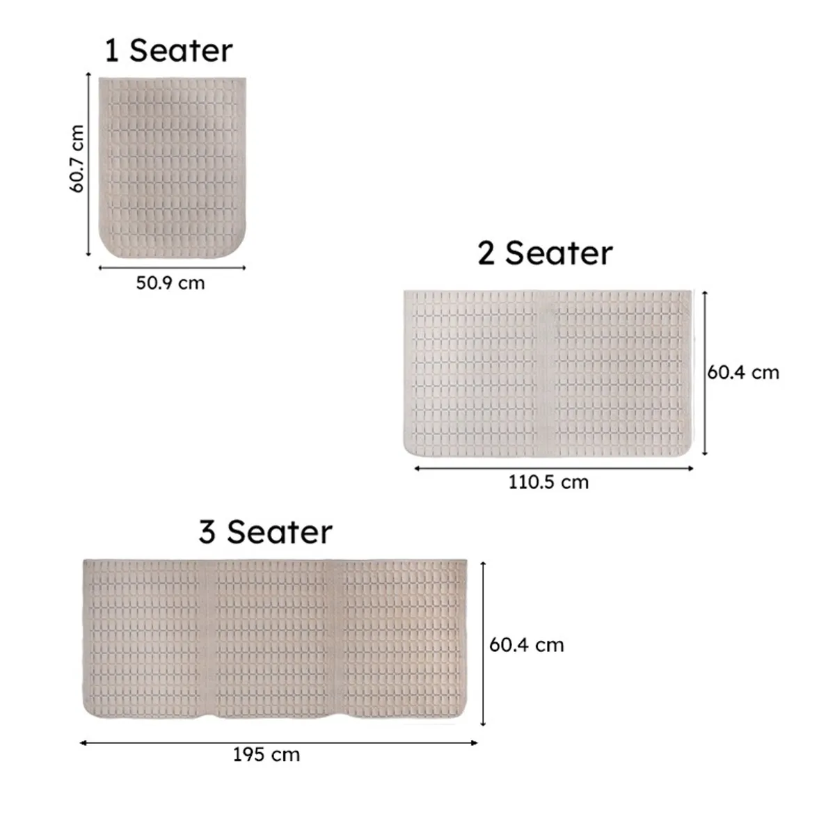 Product size illustration showing 1 Seater, 2 Seater and 3 Seater covers