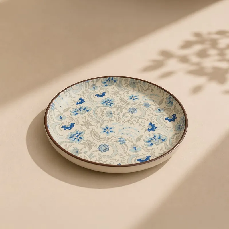 Single round ceramic dinner plate with blue floral and botanical pattern