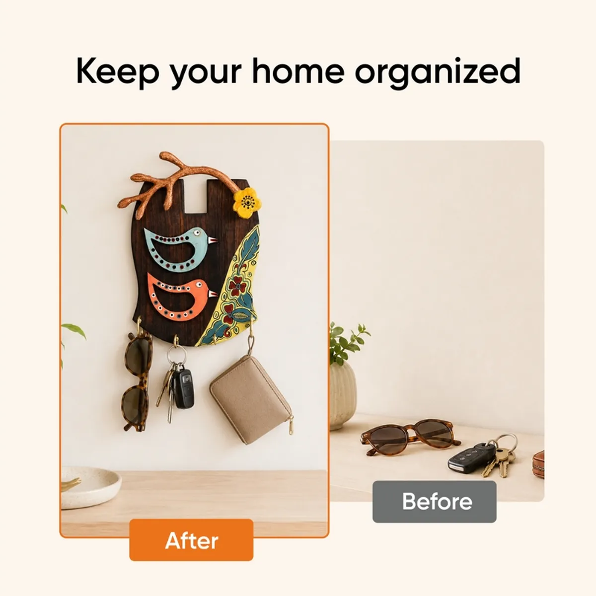 Decorative bird key holder shown organising keys, sunglasses and a small pouch