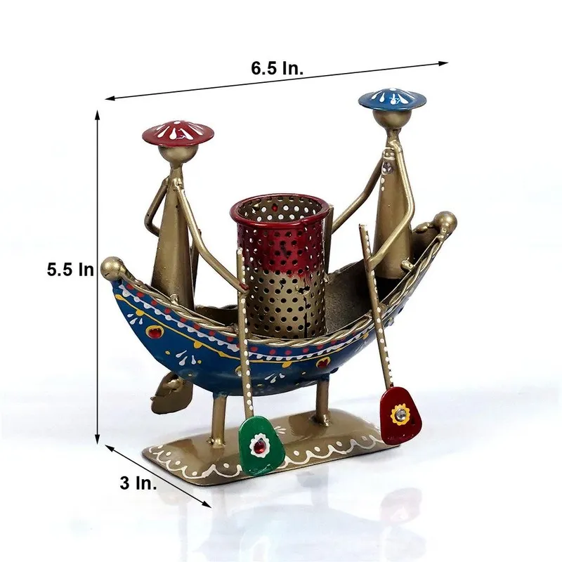 Decorative metal boat pen stand with visible dimensions marked on the image