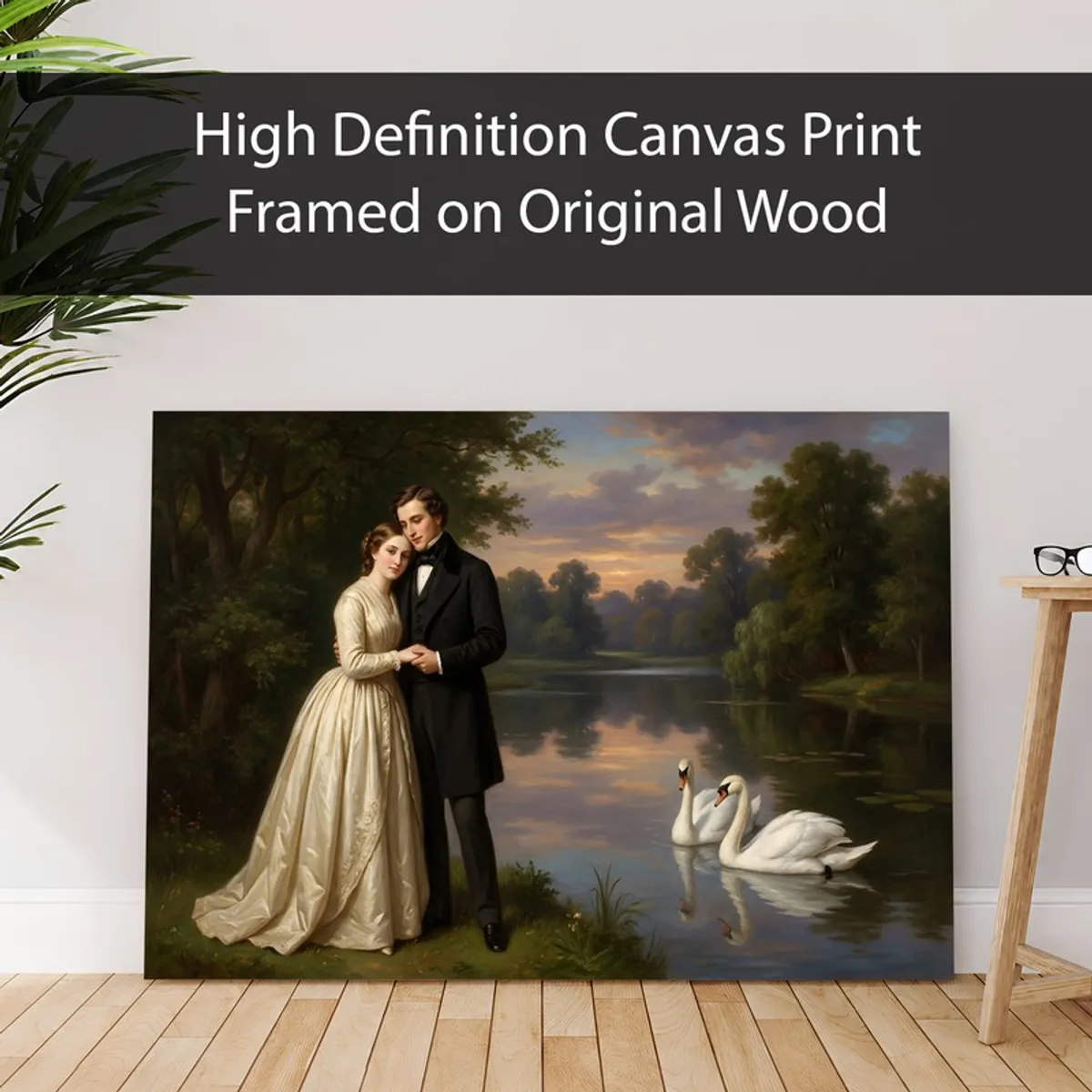 Canvas print of a Victorian couple and swans placed against a wall in a room setting