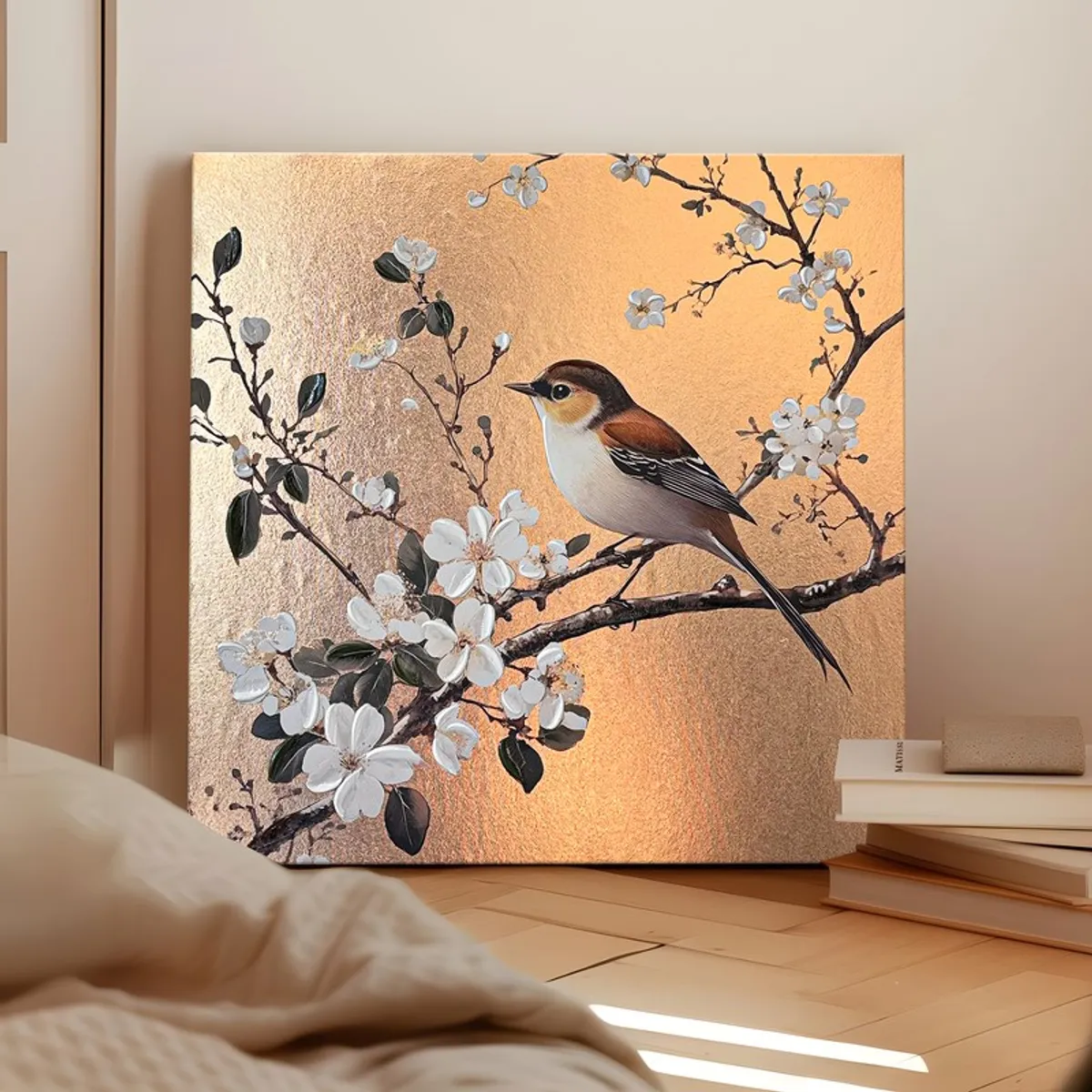 Gold bird and blossom canvas placed on the floor in a warm room setting