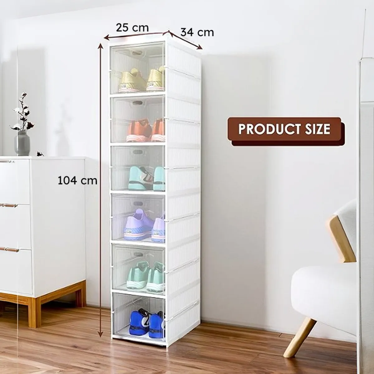 White six-tier shoe rack shown with dimensions in a room setting
