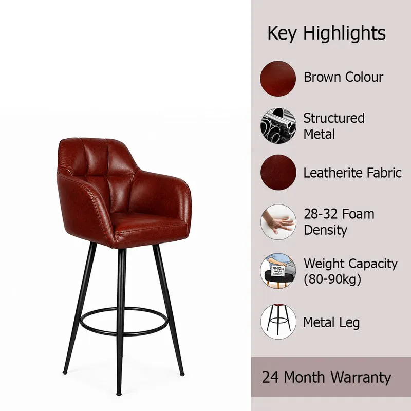 Brown upholstered bar chair with black metal legs and footrest ring