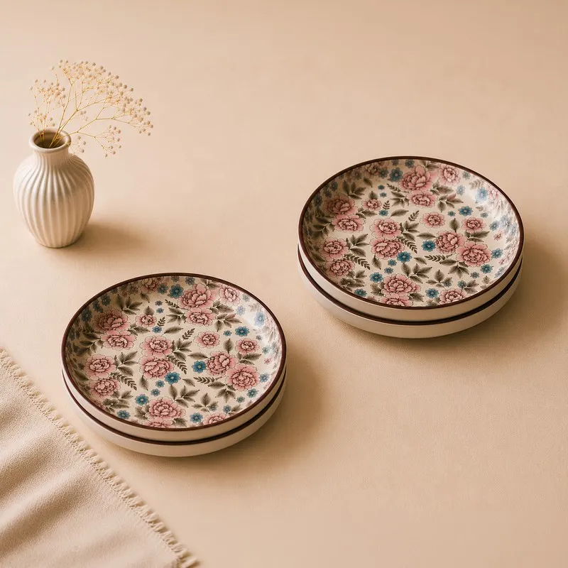 Two stacks of round multicolour ceramic dinner plates on a neutral tabletop