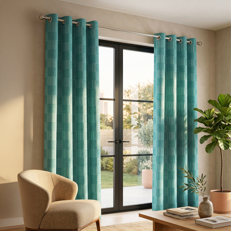 Meya Self Design Cotton Curtains (Green) - Set of Two - Window - 5 Feet