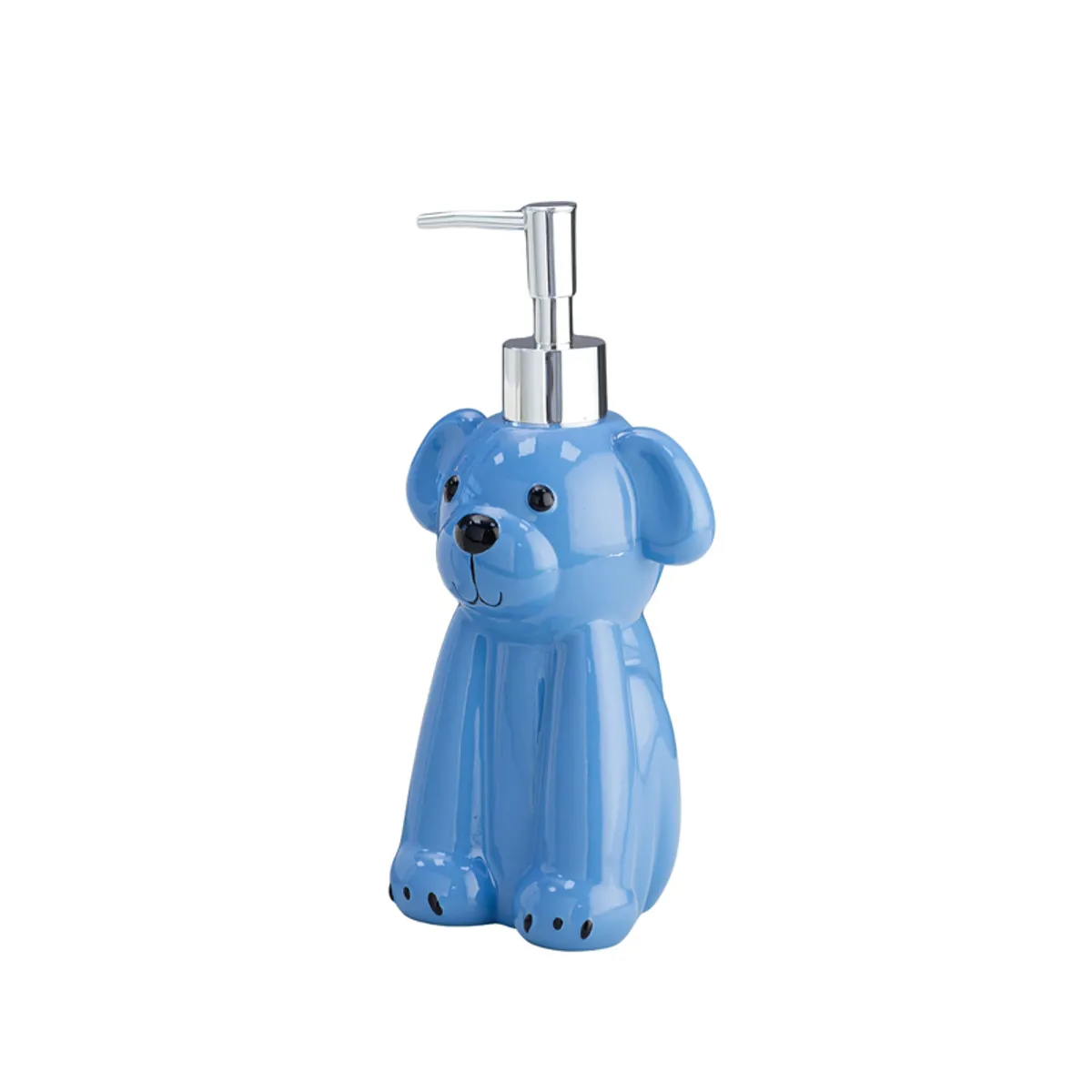 Blue dog-shaped liquid dispenser with silver pump on a white background