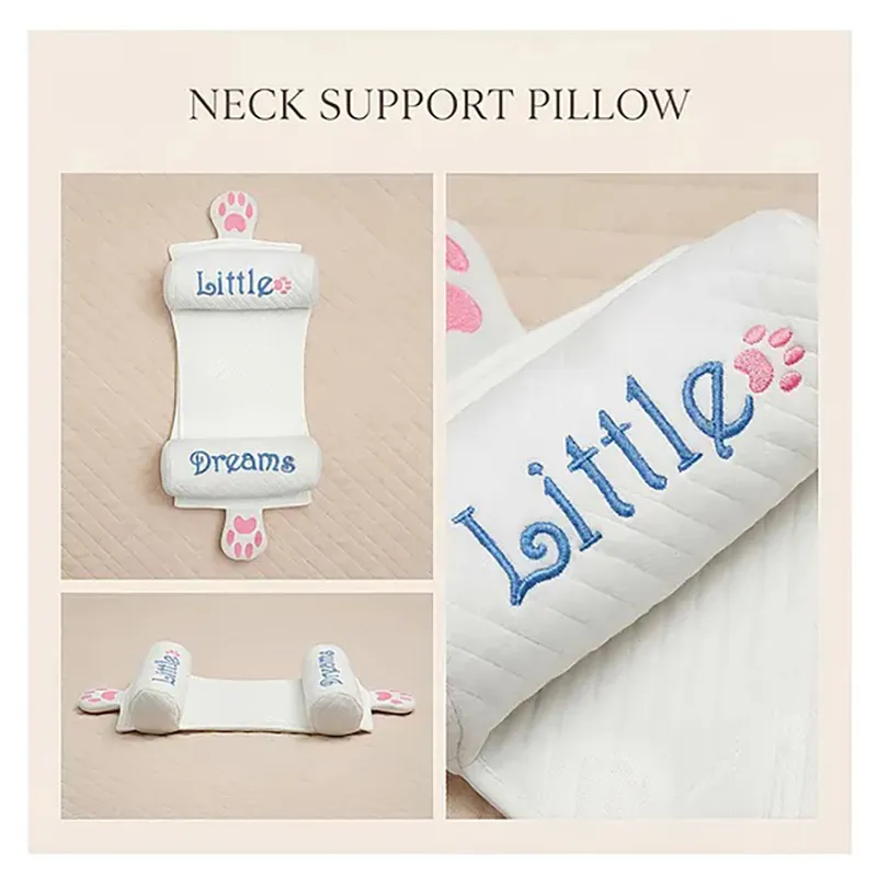 Collage of a white quilted neck support pillow with embroidered details