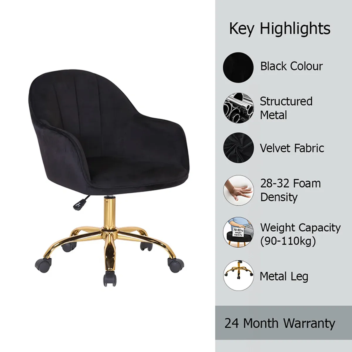 Black office chair shown with padded seat, velvet fabric and structured metal highlights