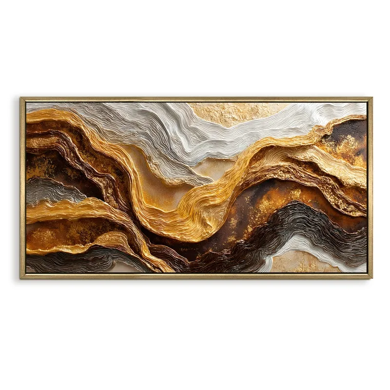 Rectangular framed abstract painting with molten gold and earthy wave-like forms