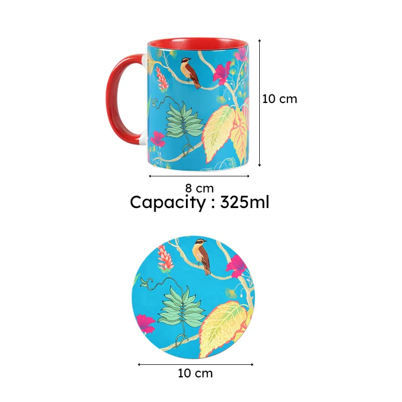 Blue tropical mug and matching coaster shown with 325 ml and size measurements