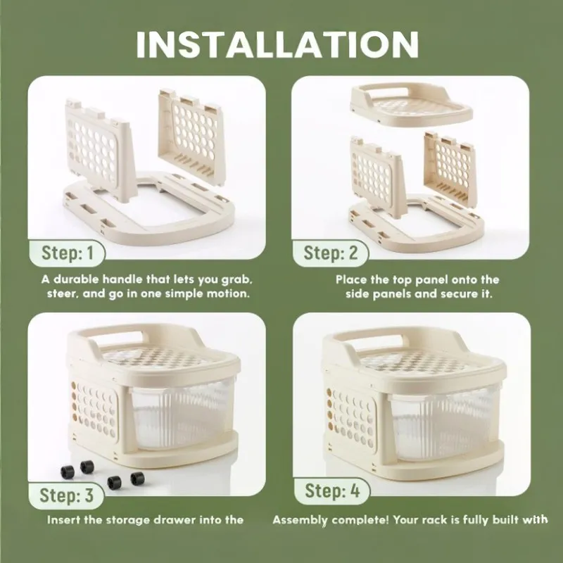 Illustrated assembly steps for an ivory five-tier storage rack