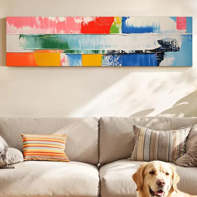 Long rectangular abstract canvas wall art with bold multicolour brushstrokes