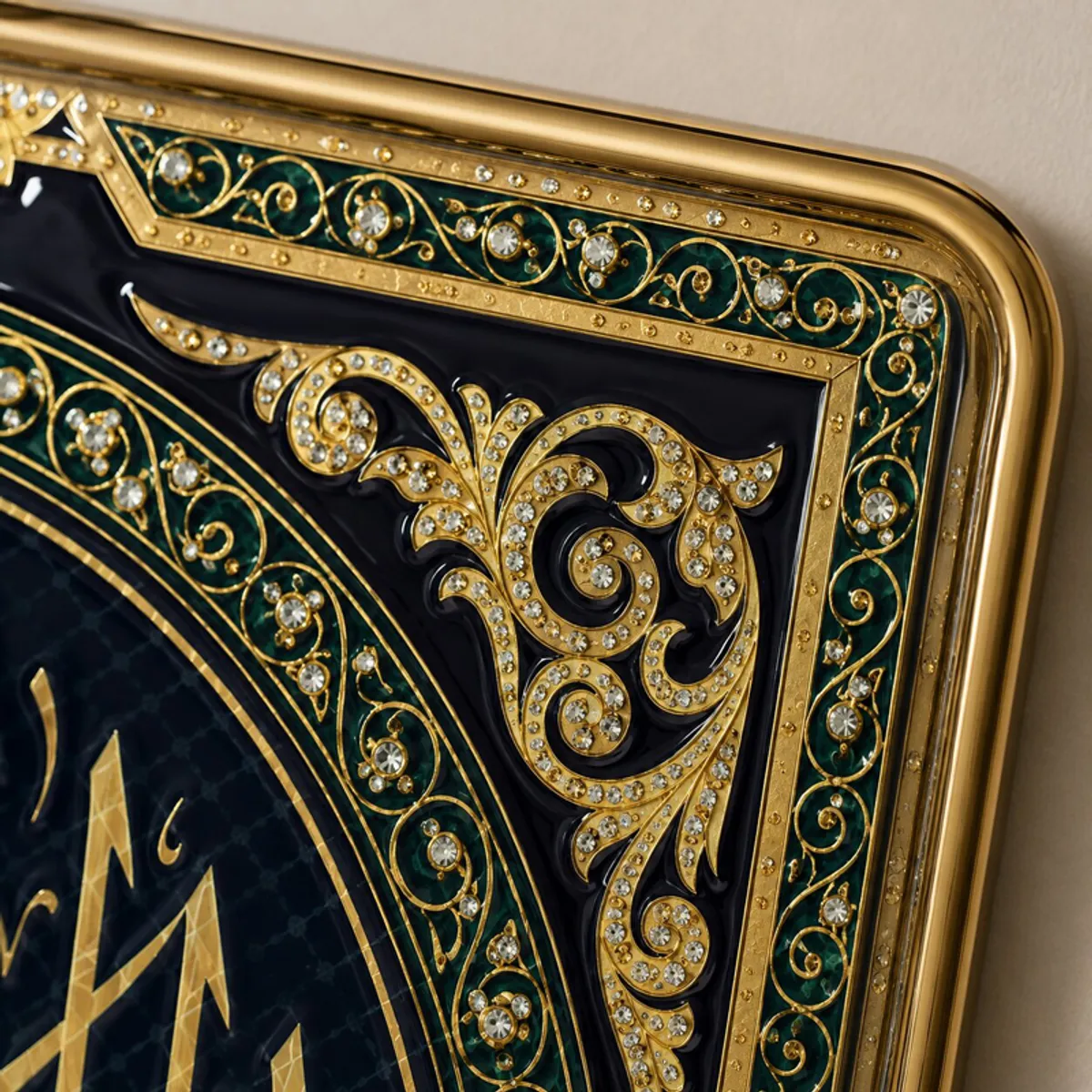 Close-up of ornate gold and green border with crystal embellishments on black wall art