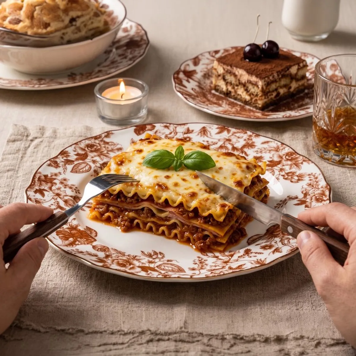 Red floral plate styled with lasagne on a dining table