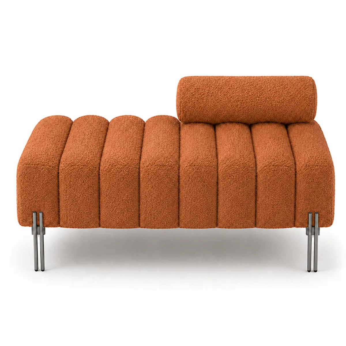 Front view of a rust channel-tufted bench with black metal legs