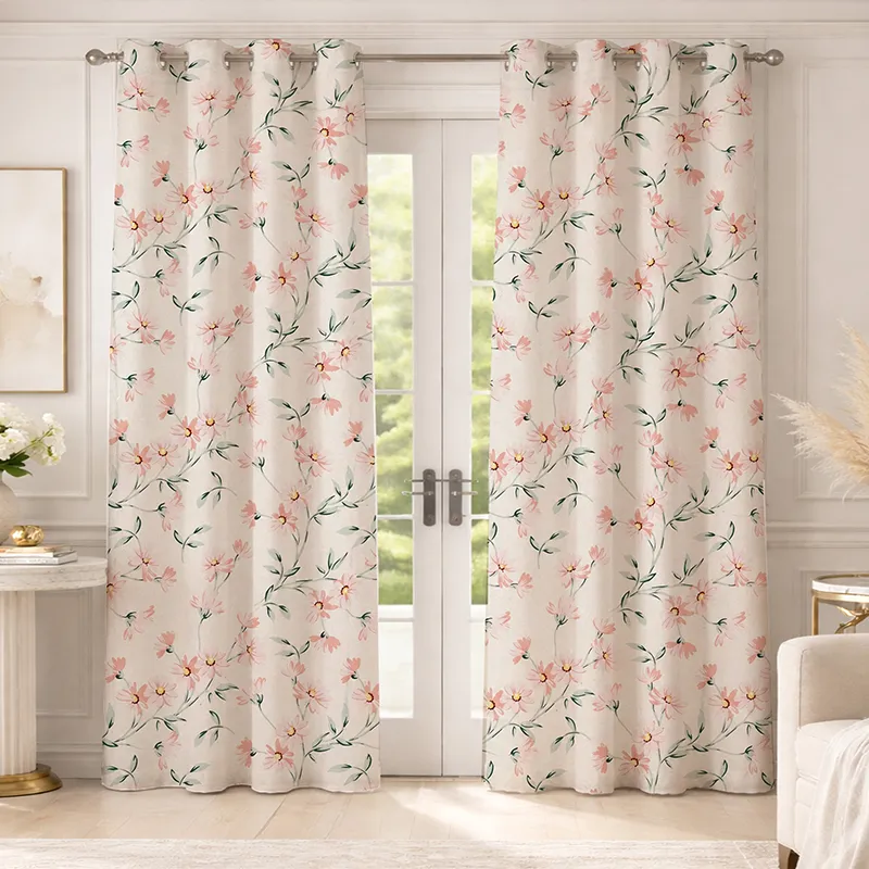 Floral curtain panels covering a set of white French doors