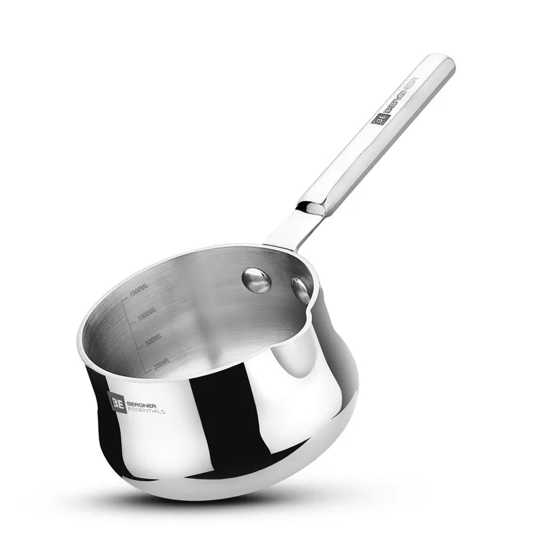 Glossy silver saucepan shown from above with a long handle and pouring spout