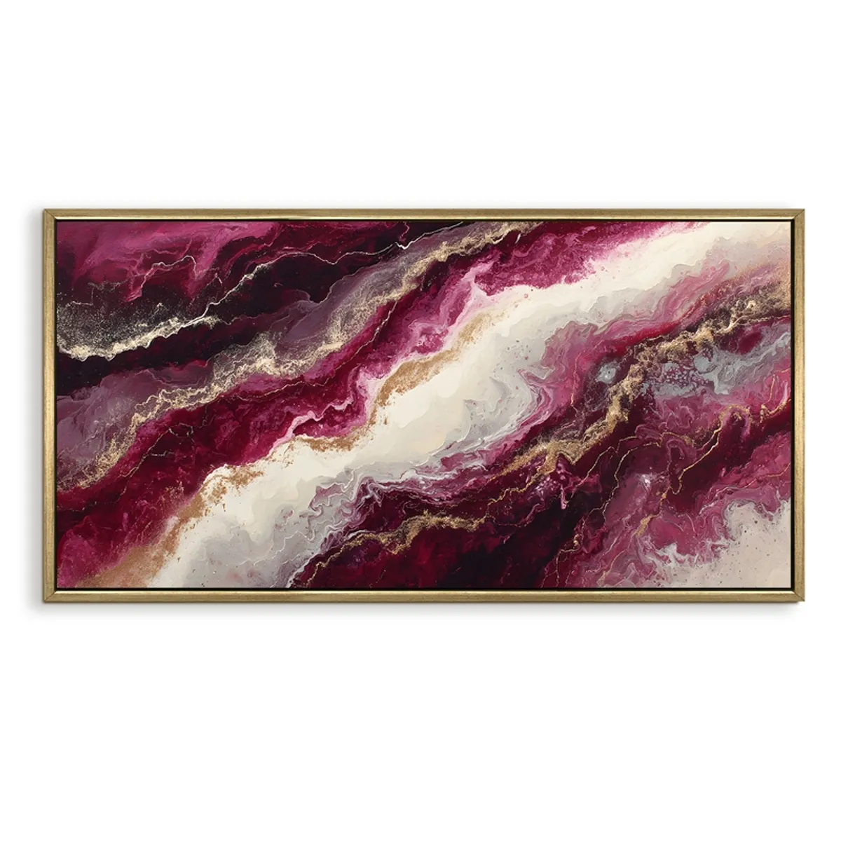 Rectangular framed abstract canvas painting in berry, white and gold tones
