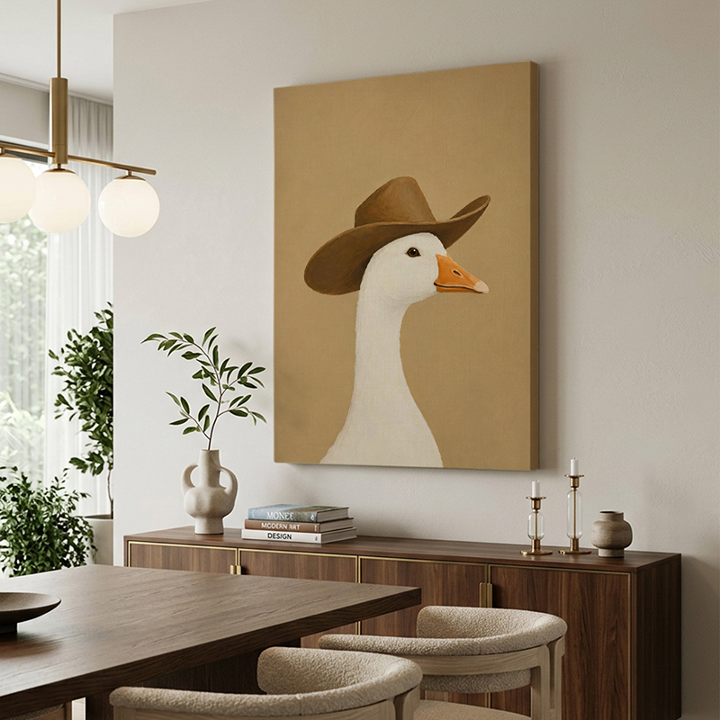 Goose in a Brown Stetson Canvas Wall Painting - Brown - Small