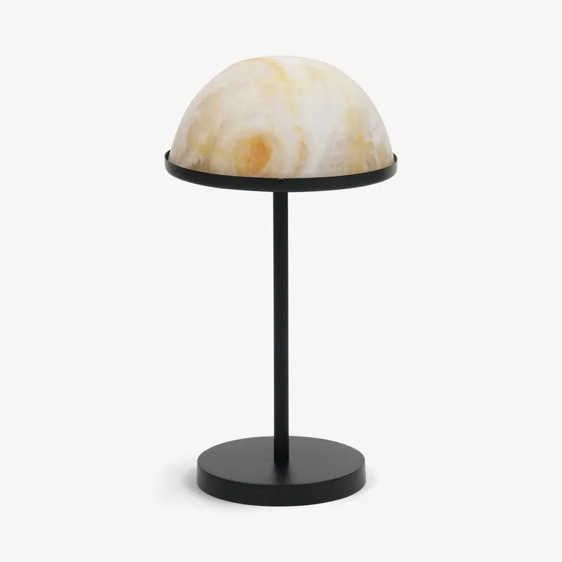 Moonstone dome table lamp with semi-sphere shade and round black base