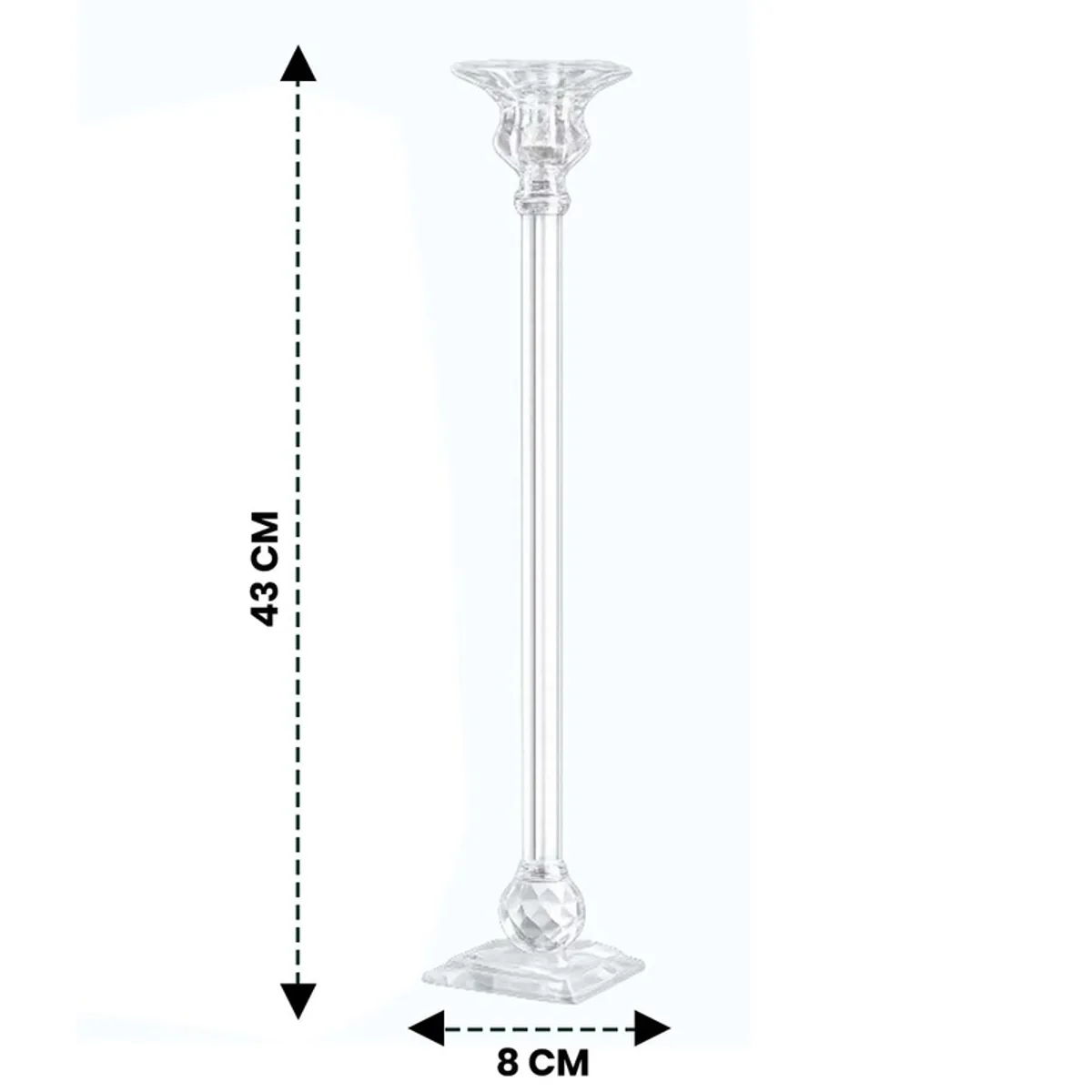 Three transparent crystal candle holders styled against a warm backdrop
