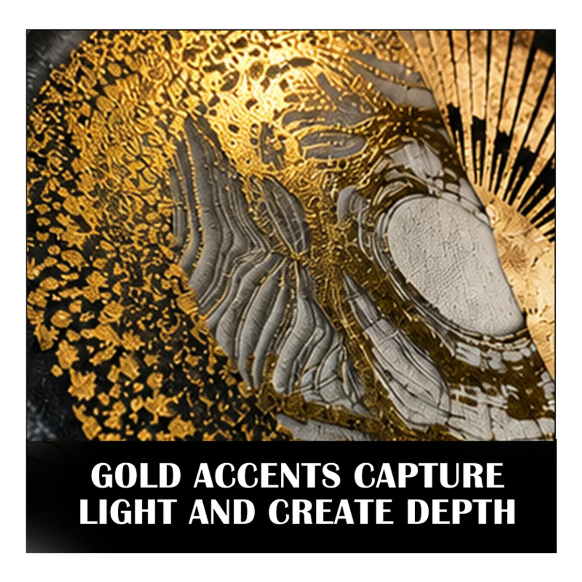 Close-up of abstract artwork showing gold textured accents over grey and black