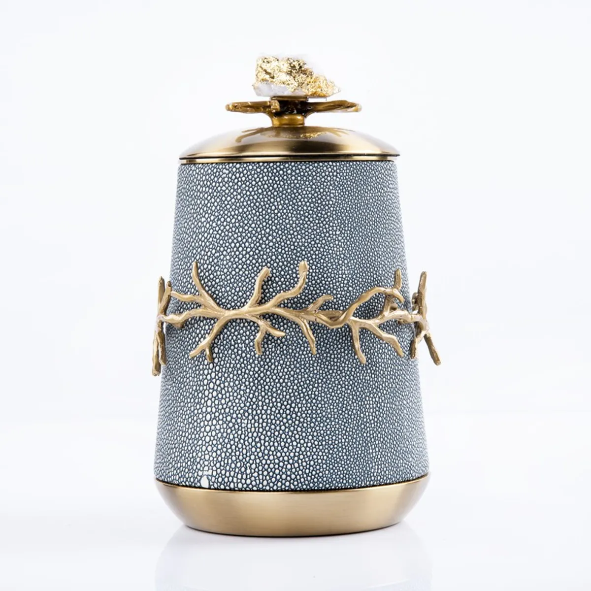 Blue textured showpiece with gold branch motif and lid