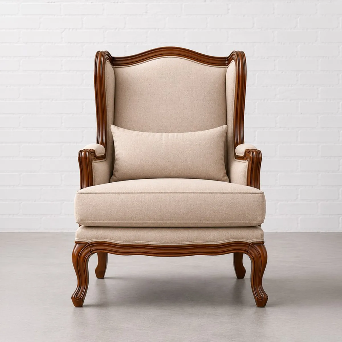 Front view of off-white upholstered lounge chair with brown wooden frame