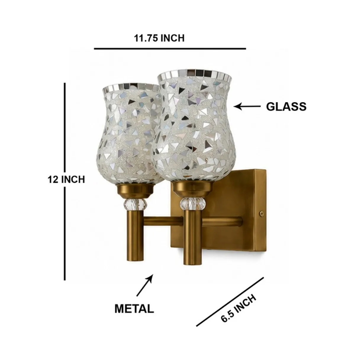 Wall lamp shown with visible glass and metal material callouts and dimensions.