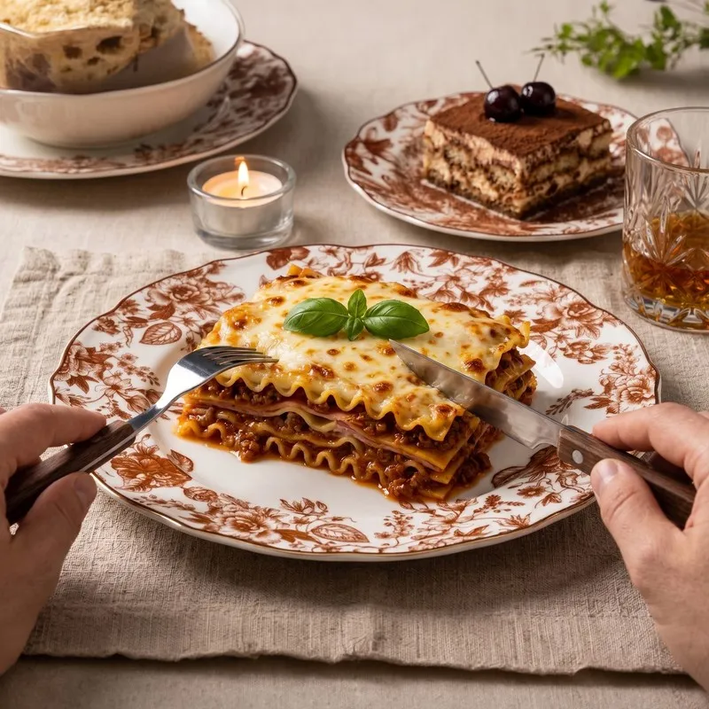 Red and white floral dinner plate serving lasagne on a table setting
