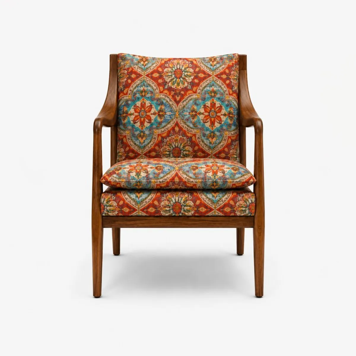 Front view of a multicolour Indian-pattern accent chair on a white background