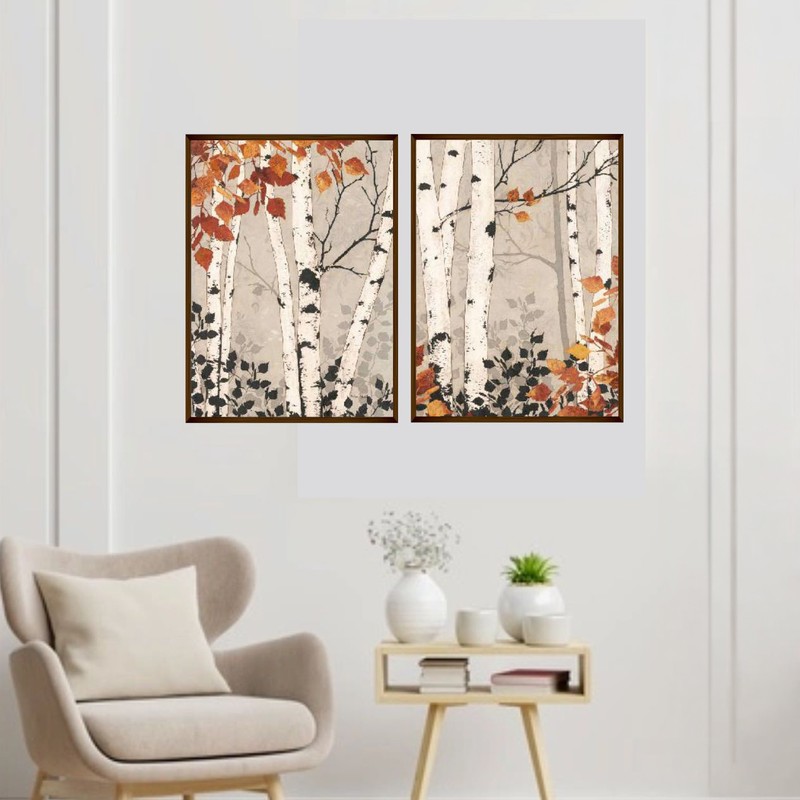 Autumn Birch Tree Forest Canvas Wall Painting - Set of Two