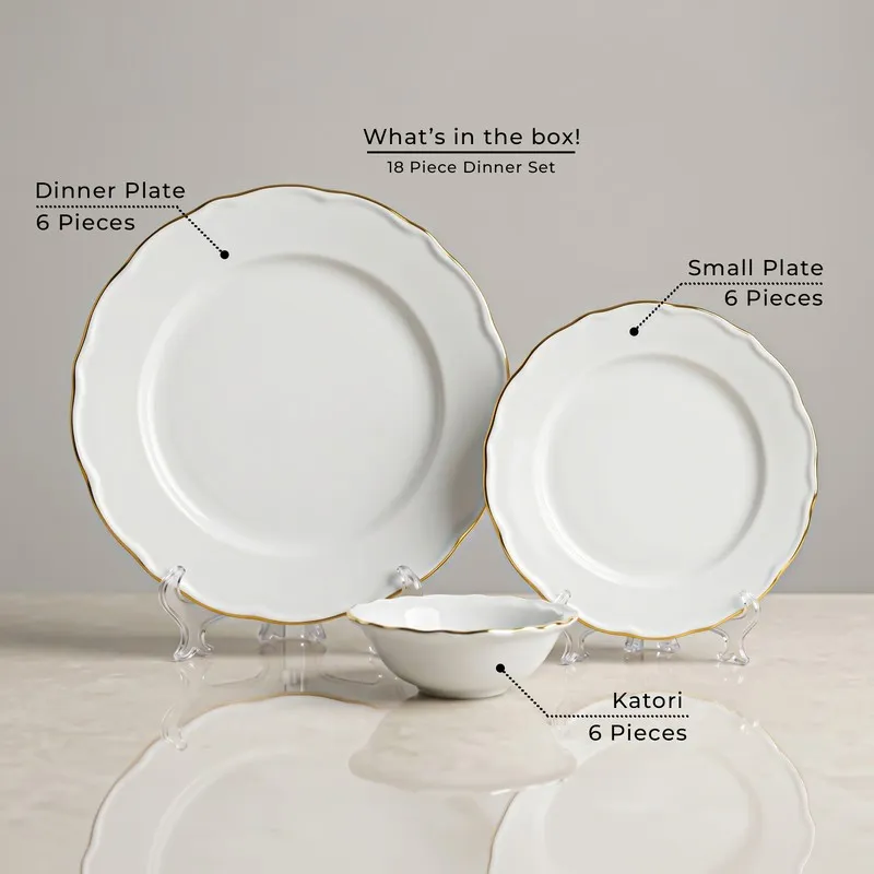 White and gold dinnerware set with large plate, small plate and bowl