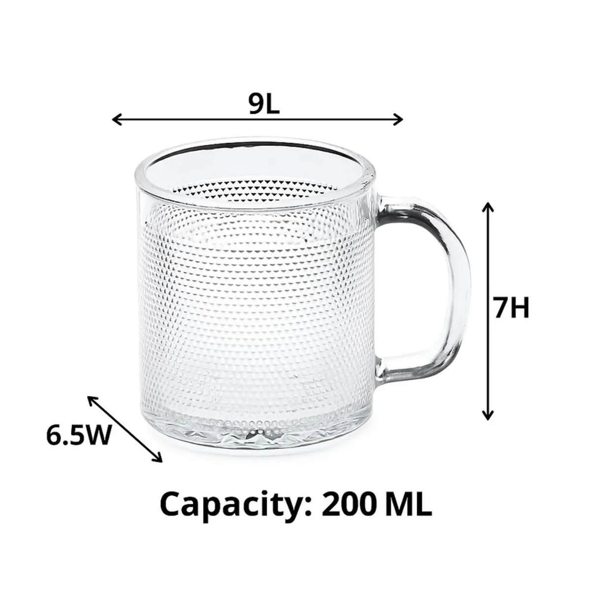Transparent textured glass mug shown with dimension arrows and capacity text