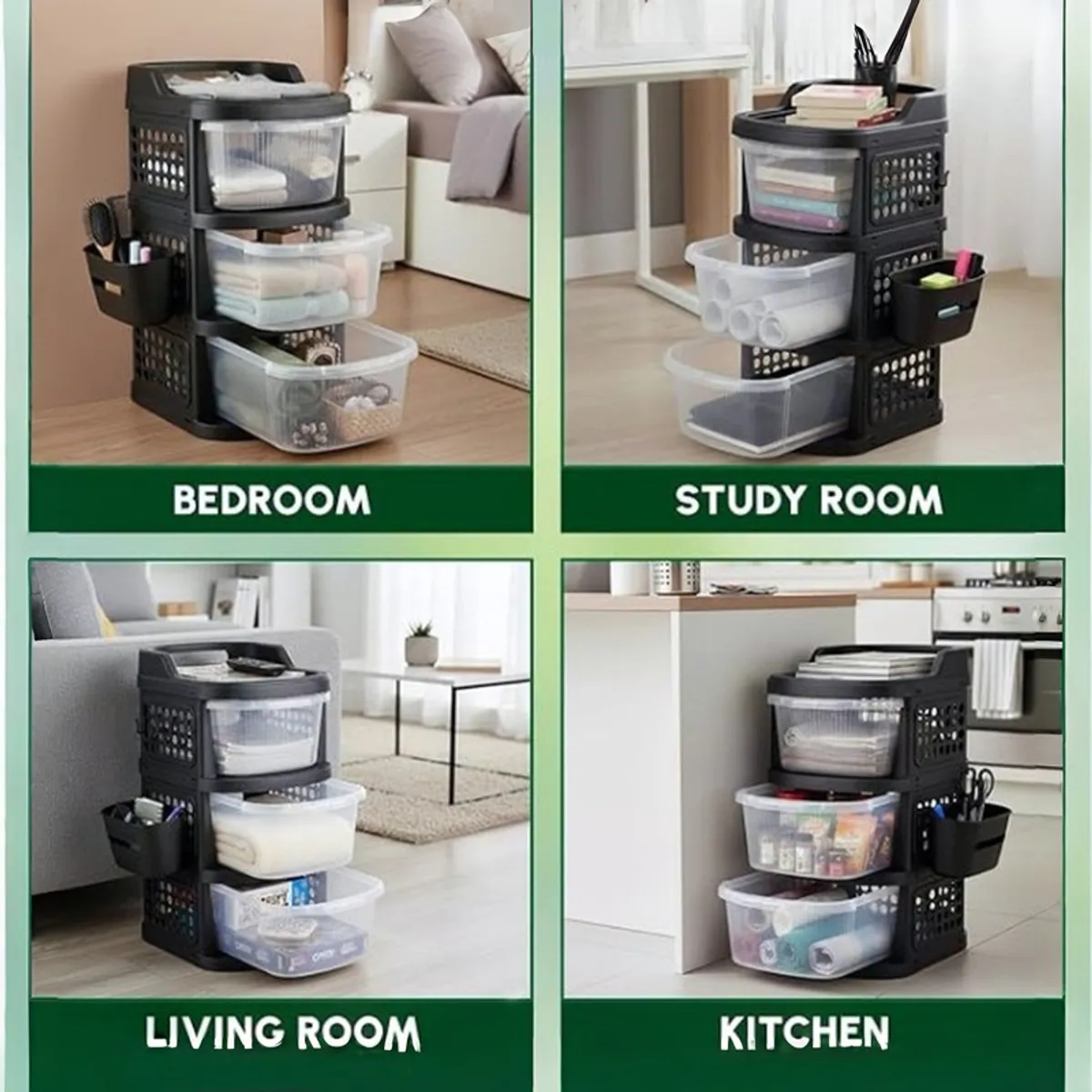Three-tier black organiser rack shown in bedroom, study room, living room and kitchen settings