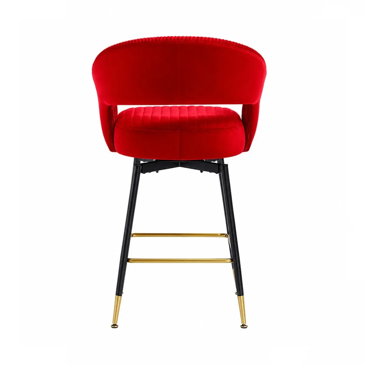 Rear view of a red velvet bar stool with black legs and gold accents