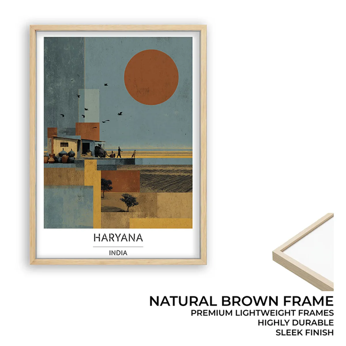 Studio view of Haryana wall art with natural brown frame