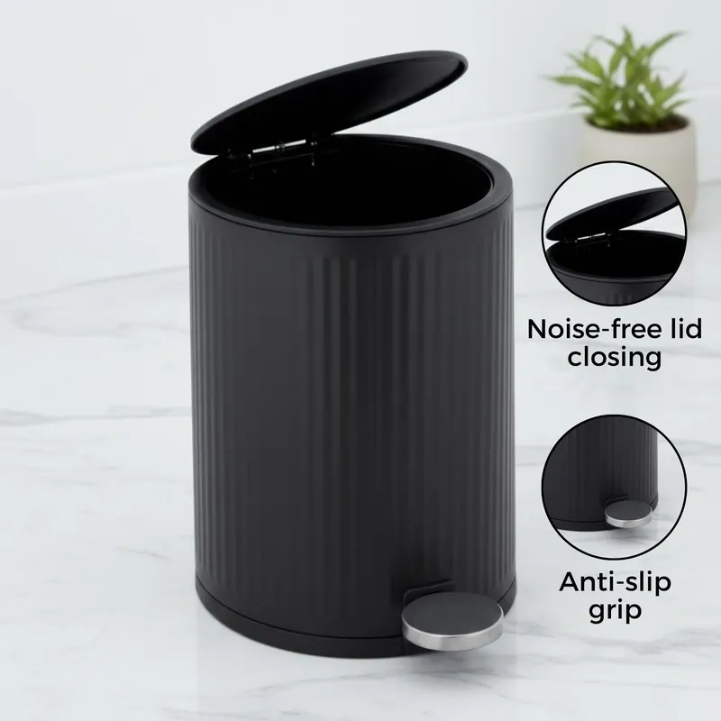 Open black ribbed dustbin with pedal detail