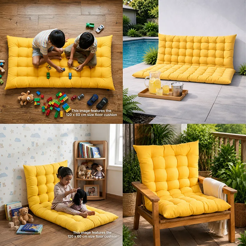 Mustard yellow floor cushion shown in multiple room settings