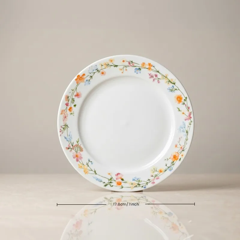 Front view of round white plate with delicate multicolour floral vine pattern