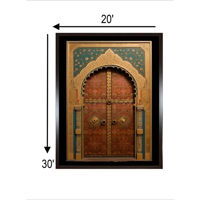 Framed heritage door canvas wall painting with size graphic overlay