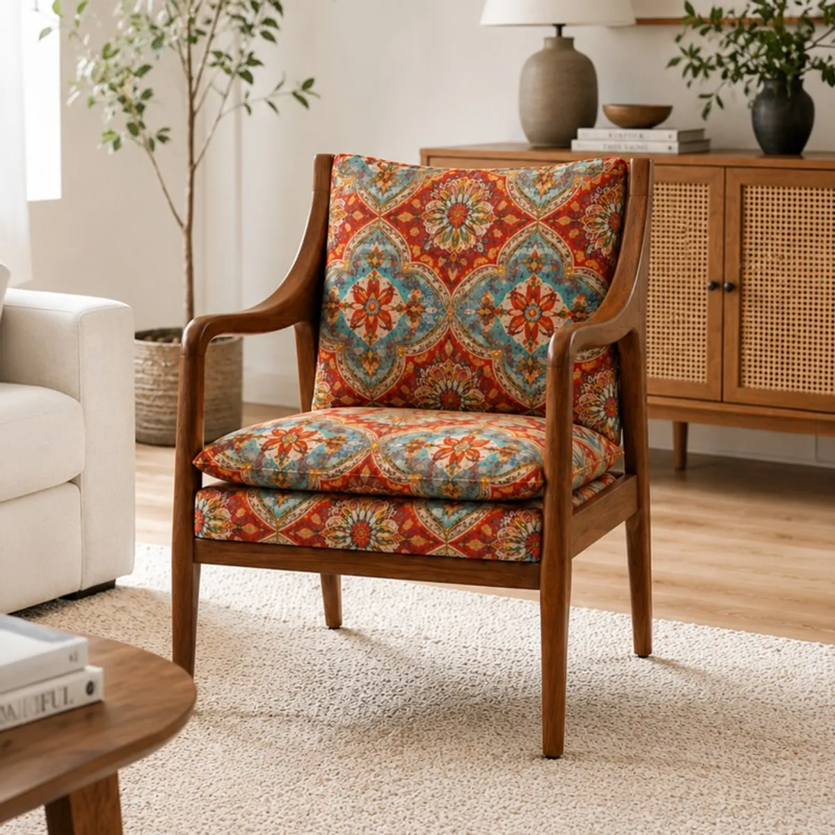 Front three-quarter view of a multicolour patterned teak wood accent chair
