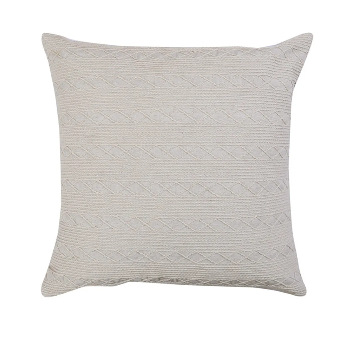 Front view of a white square cushion cover with repeating geometric embroidery