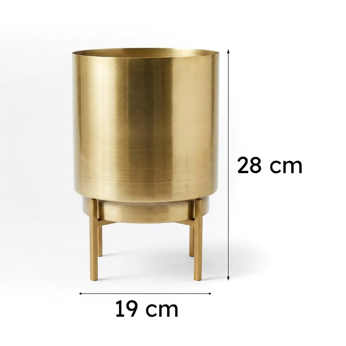 Gold planter on stand with front view and visible dimensions