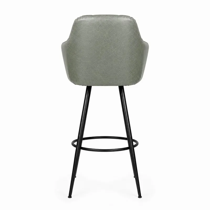 Back view of a grey upholstered bar chair with black metal legs