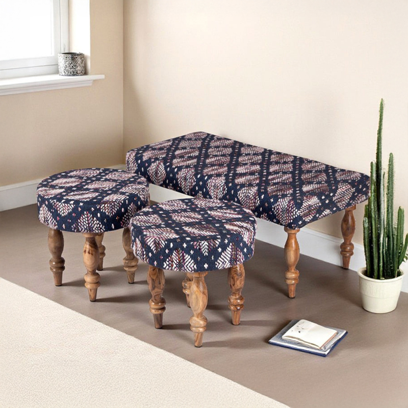 Dexio Sheesham Wooden Bench With Stools (Blue) - Three Piece Set