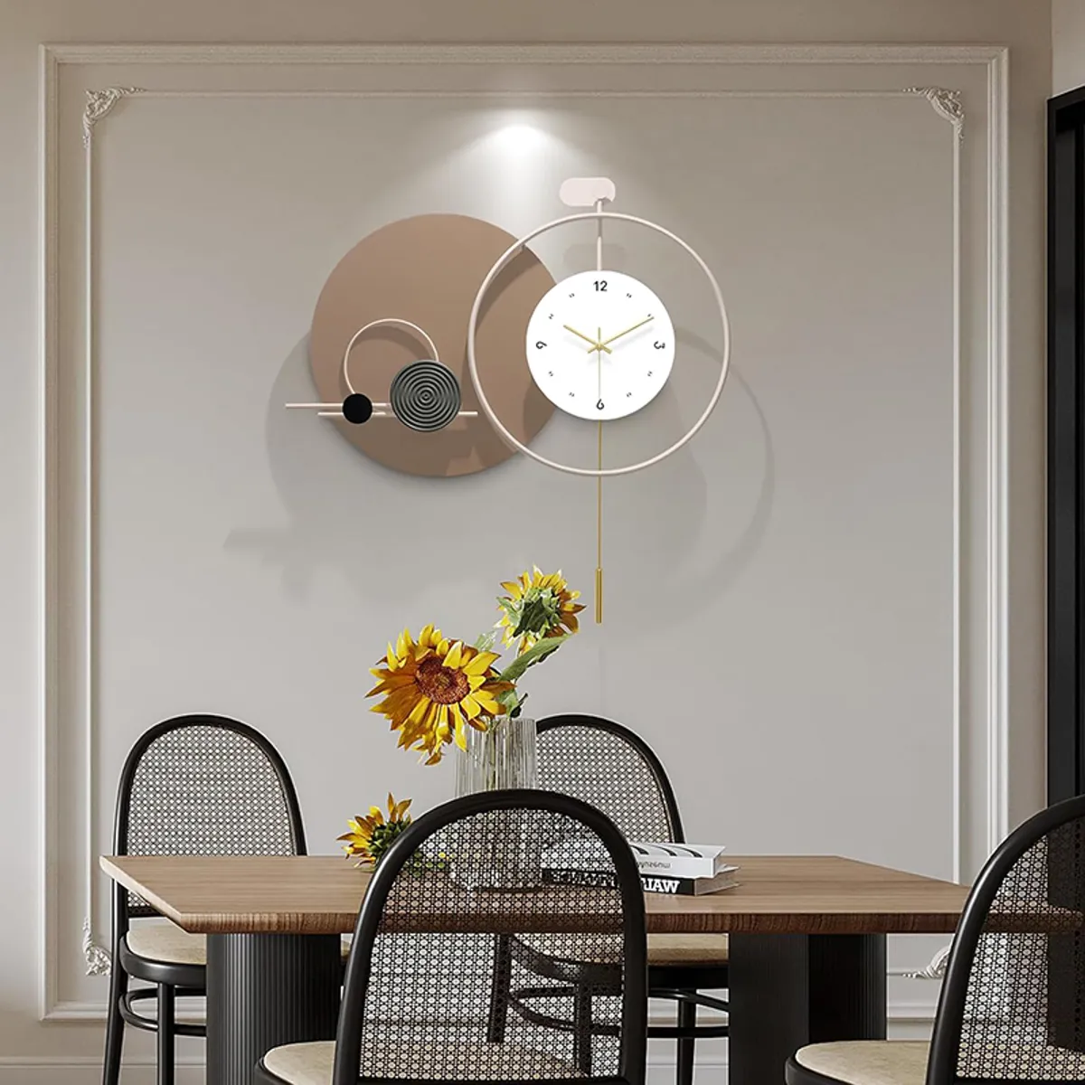 Decorative metal wall clock displayed above a dining table