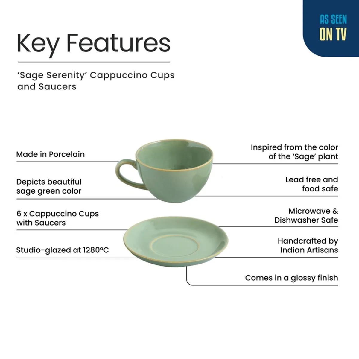 Product feature graphic showing a sage green cup and saucer